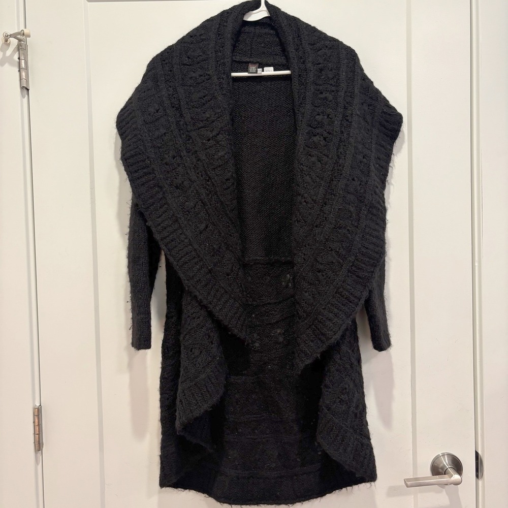 Tey Art Alpaca Wool Blend Cable Knit Shawl Collar Cardigan Sweater Black Small